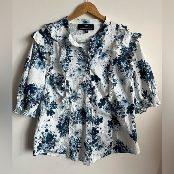 ERDEM X Universal Standard Blue and White Floral Poplin Ruffled Blouse - Picture 1 of 13